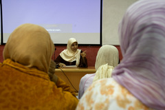 Caption: A Morchidate preaches to a group at the Moulay Abdullah Oncology Hospital, Credit: Sarah Kramer