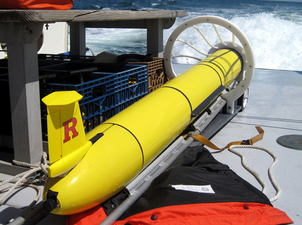 Caption: A glider about to begin its journey in the Atlantic Ocean from the Jersey shore., Credit: Coastal Ocean Observation Lab