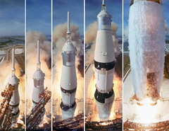 Caption: Composite five frame shot of the Saturn V boosters lift off carrying Apollo 11 to the moon., Credit: GETTY