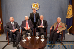 Caption: Marc Wojno (standing) with (L to R); Dan Rather, Marvin Kalb, Bob Schieffer and Daniel Schorr., Credit: Michael Foley