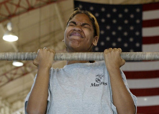 Caption: A Marine recruit does pull-ups during training., Credit: Associated Press