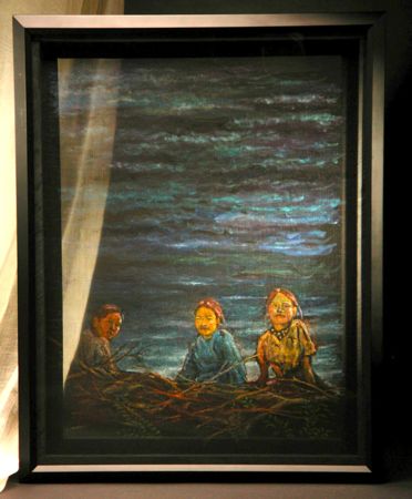 A screen painting of three Nepali girls. An experiment that lets the image show on one side depending on lighting.
