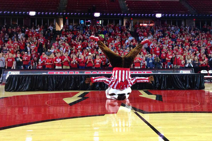 Buckingham U. Badger celebrated before a crowd of Wisconsin faithful after the Badgers made the Final Four. Photo via Wisconsin Facebook page.