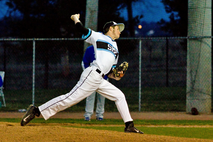 SM East starting pitcher Max Sanborn held Olathe South scoreless through three innings before being tagged for four runs in the fourth.