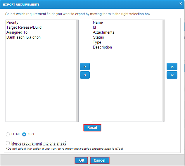 qTest - Requirements - Export - Requirement Details - Export Requirements modal