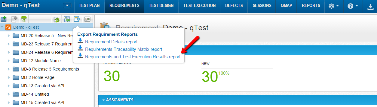 qTest - Requirements - Export - Requirement and Test Execution Results report