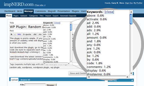 Keyword Snatcher keyword density plugin for WordPress