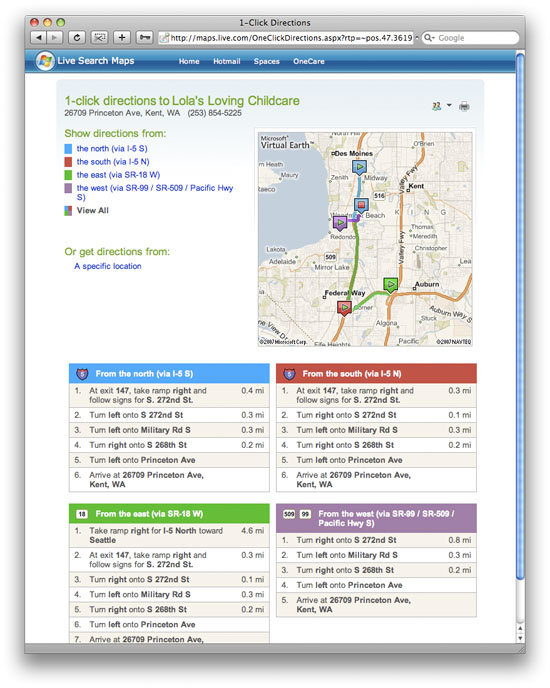 Live Search Directions Results Screenshot