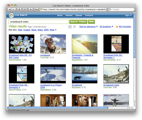 Live Search Video Results Screenshot