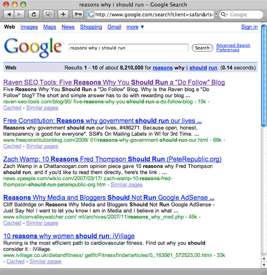 Search Engine Result (SERP) for reasons why I should run