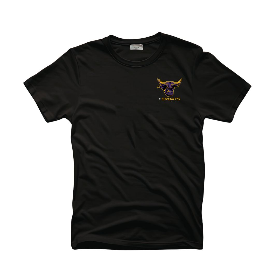 Black t-shirt with purple and gold Mavericks bull head logo and text that says Esports in the top right corner.