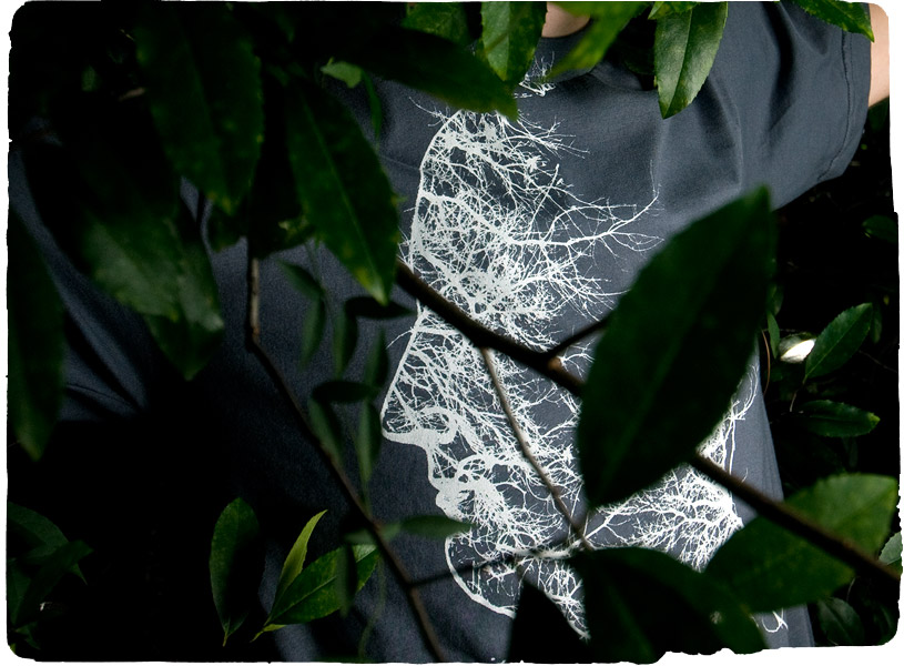 close-up detail of branches, leaves, ink and grunge