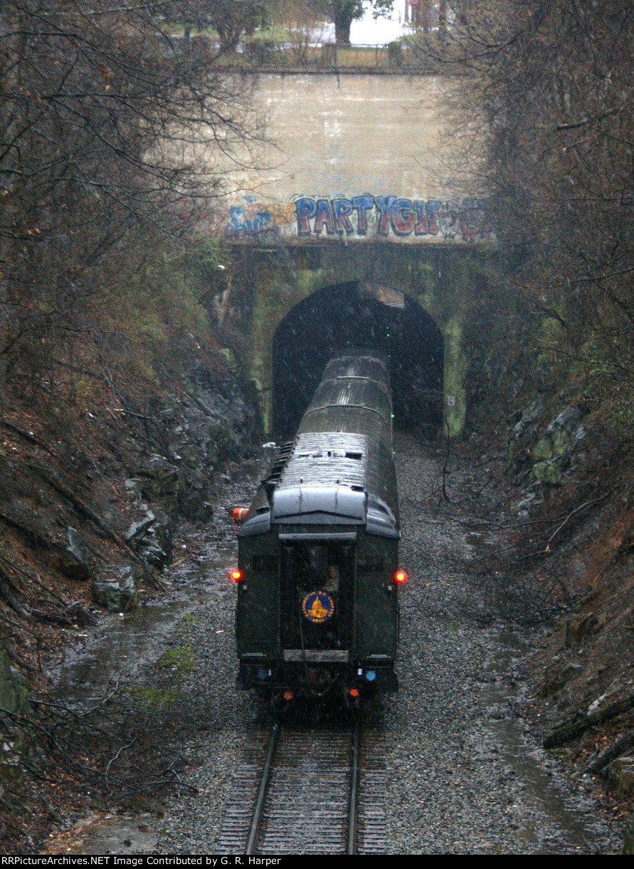 The Dover Harbor on the rear of Lynchburg Regional train #156 plunging into the Rivermont Tunnel.