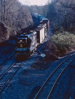 SOU 2597 leaving Blacksburg. The track going off to the right is the SB line to Kings Creek. It used to go all the way to Rock Hill and further.