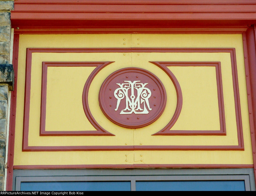 The old Lehigh Valley RR logo on the restored enginehouse