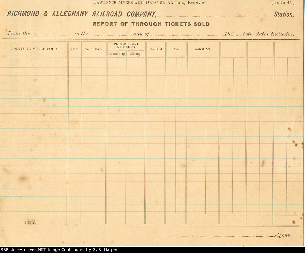 Report of Through Tickets Sold.  Ledger
