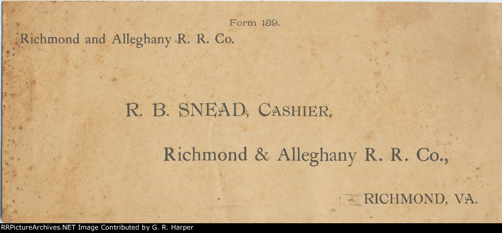 Envelope.  R. B. Snead, Cashier