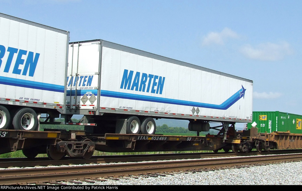 MTLZ 17933 53 MARTEN reefer trailer on TTX 653469 53 5-platform spine car westbound on the NS at Paint Rock Al 08-23-2014