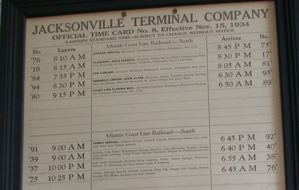 Time card of Jacksonville Terminal from 1934