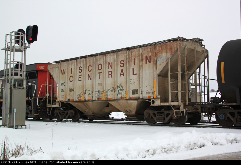 WC 84784 is the rear end buffer car on this SB unit oil train