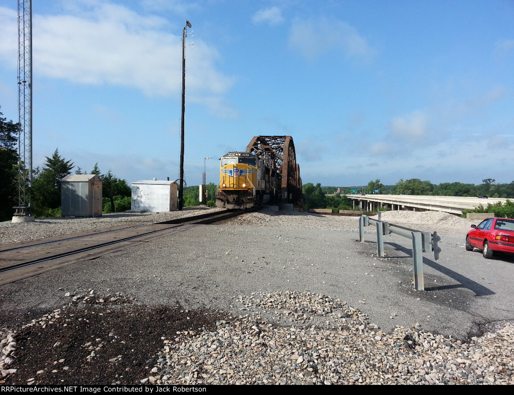 Northbound UP 4642 Grain Train On The UP Choctaw Subdivision Northbound Crossing The Red River Bridge Into Oklahoma