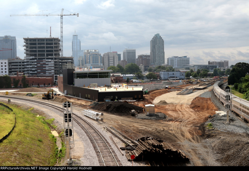 View of the new Union Station Project with train P092 pulling into the current station (on right)
