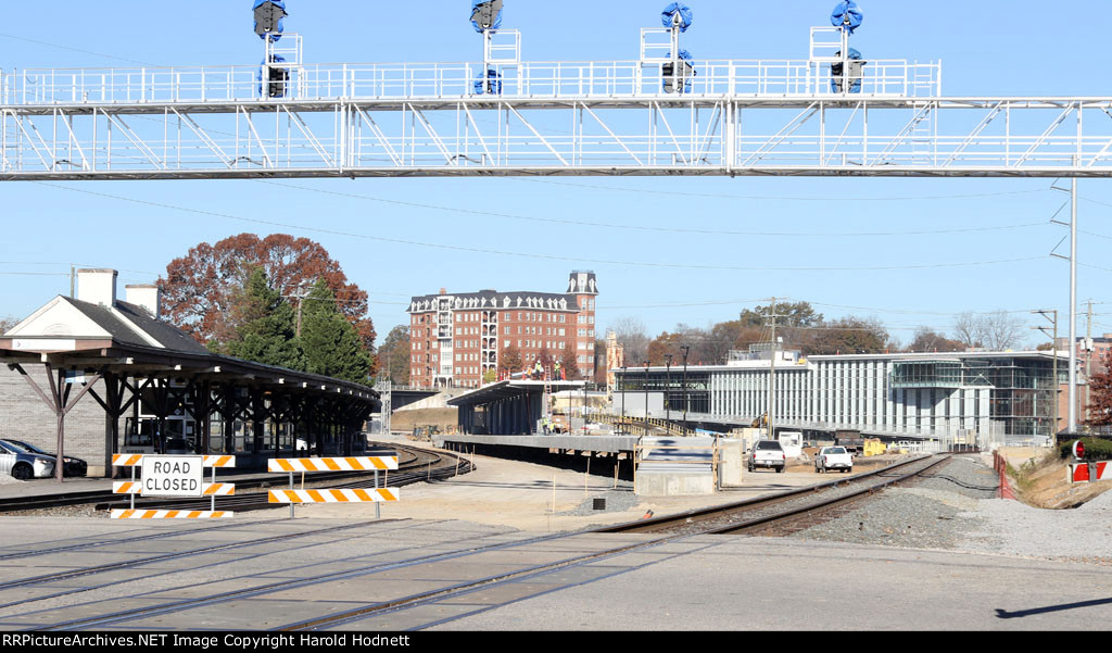 The new signal bridge at Cabarrus Street, new platforms, and station
