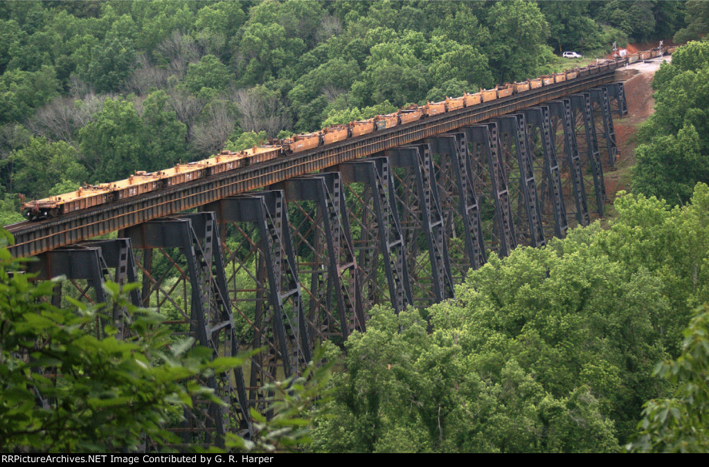 Rear of baretable train 24Q stretched out over the James River.