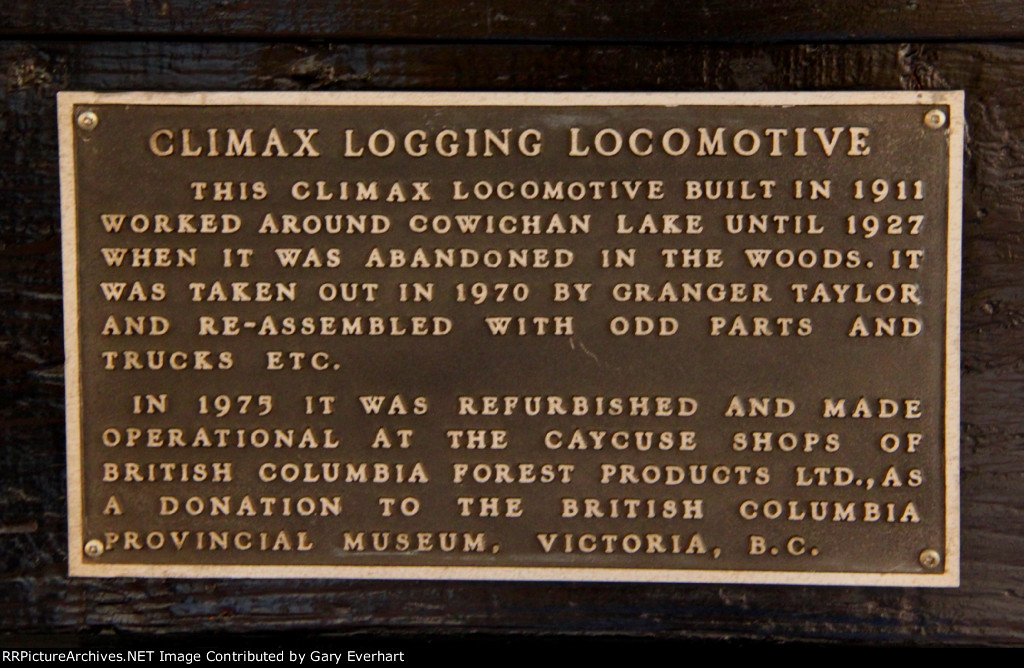 Shawnigan Lake Lumber Co Climax #2 Plaque
