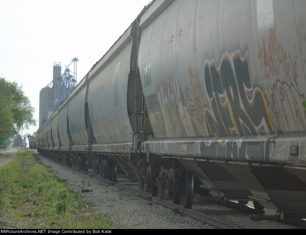 string of hoppers & grain elevator