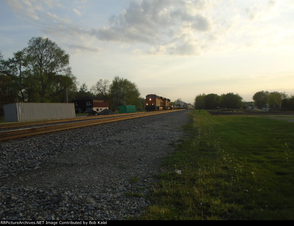 Looking West at BNSF 6710 leading a stack Train East