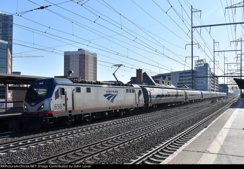 Northbound Amtrak Northeast Regional passing New Brunswick Station