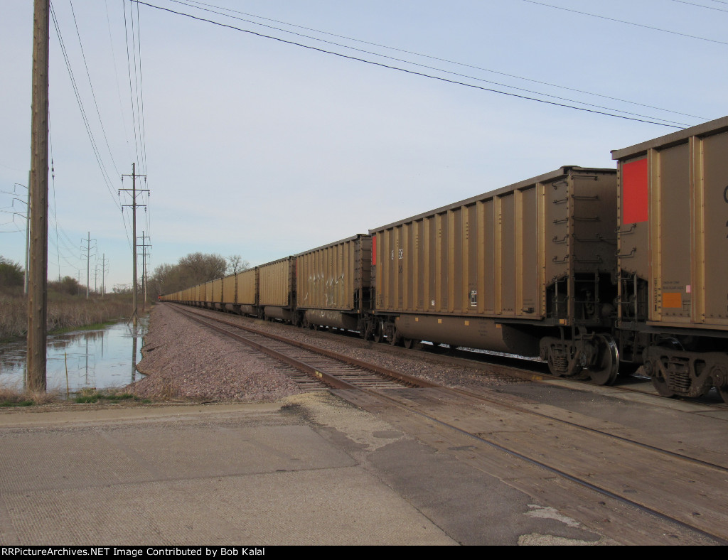 BNSF Coal Hoppers with Red Rotary ends facing Backwards