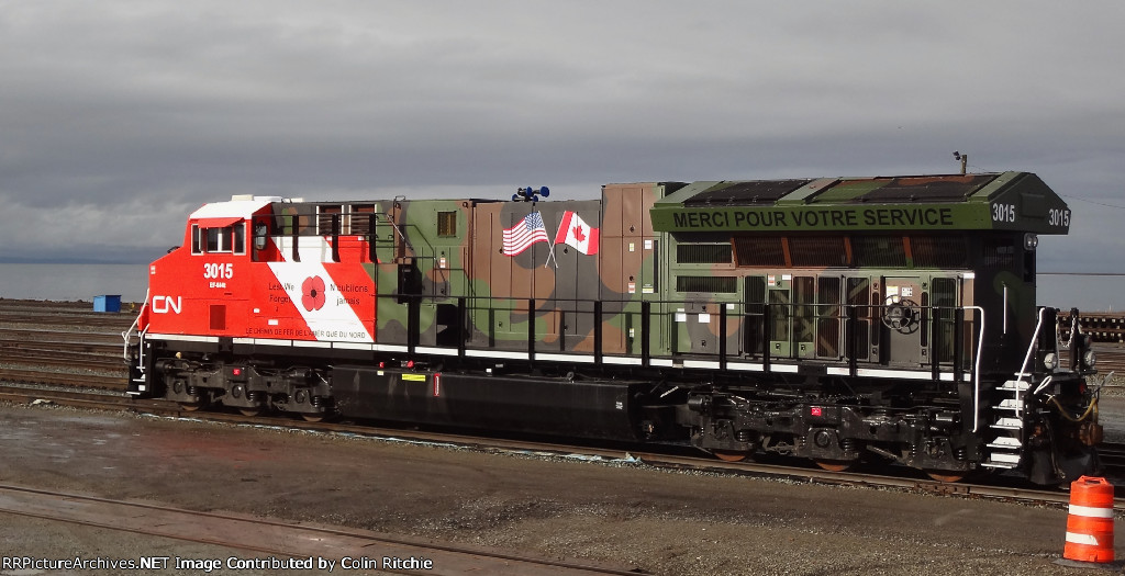 CN 3015, Veteran's unit, at the east end of the Robert's Bank Yard, looking west across the Strait of Georgia