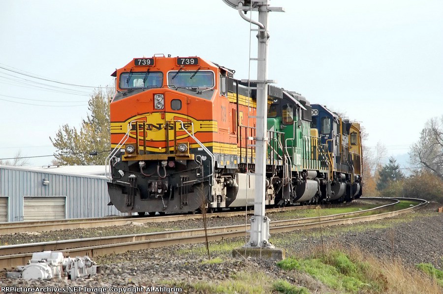 BNSF 739 with colorful lash-up.