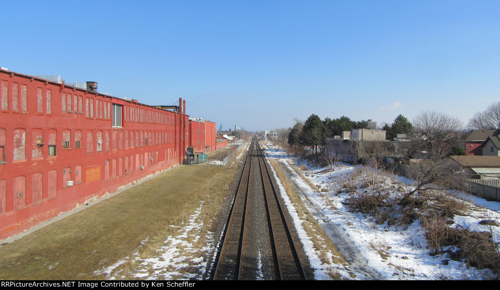 CN tracks looking east from Emerald St. footbridge