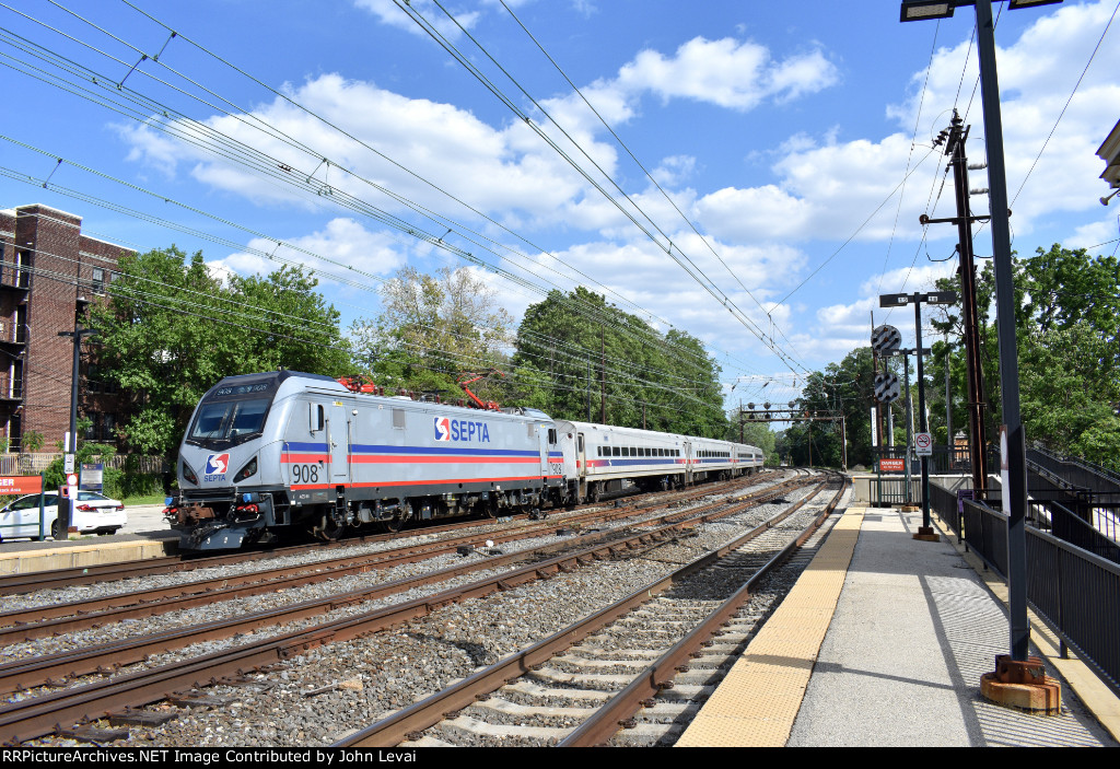 Septa Sprinter # 908 leading Train # 9551 into Overbrook Station. 