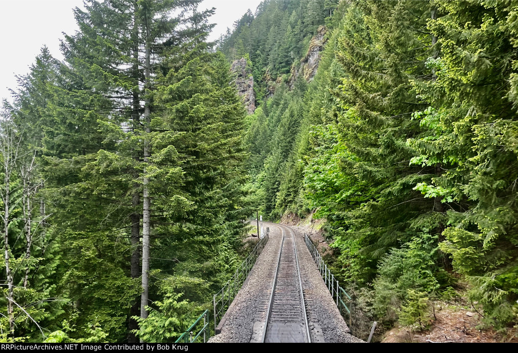 View out the rear car on the northbound Coast Starlgiht while descending Pengra Pass on UP's Cascade Subdivision