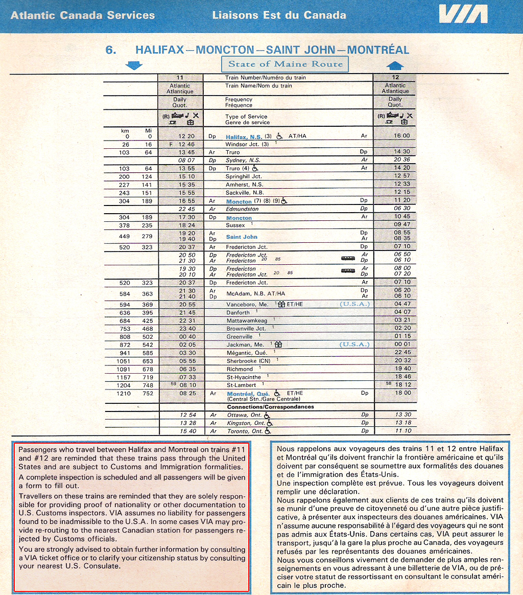 1985 VIA Montreal - Maine (USA) - St. John, NB Timetable