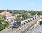 Running 25 minutes late, westbound NJT Train # 5525 arrives at the station located in the hear of downtown. NJT GP40PH-2 # 4109 is doing the honors, although it has been suffering mechanical issues
