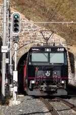 Ge 4/4 III #648 pushes a train out of St. Moritz