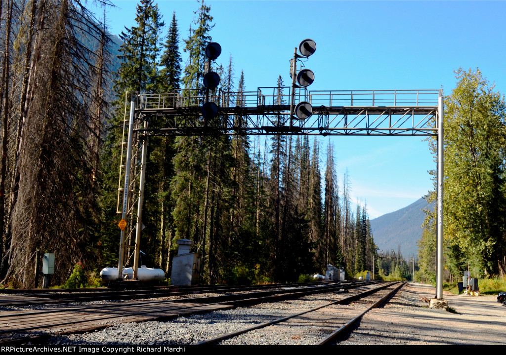 Roger Pass (Ross Peak). Signal Bridge near the West end of Mount Macdonald Railway Tunnel BC