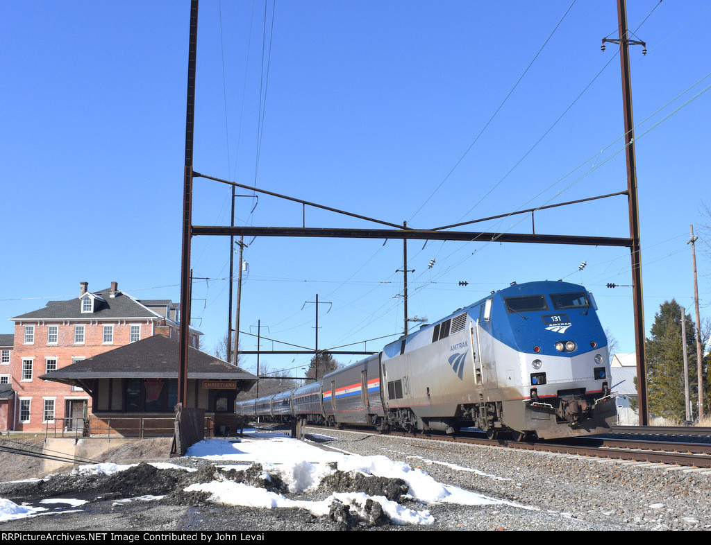 Amtrak P42DC # 131 leading Pennsylvanian Train # 42 past the restored station building, enroute from Pittsburgh to New York City 