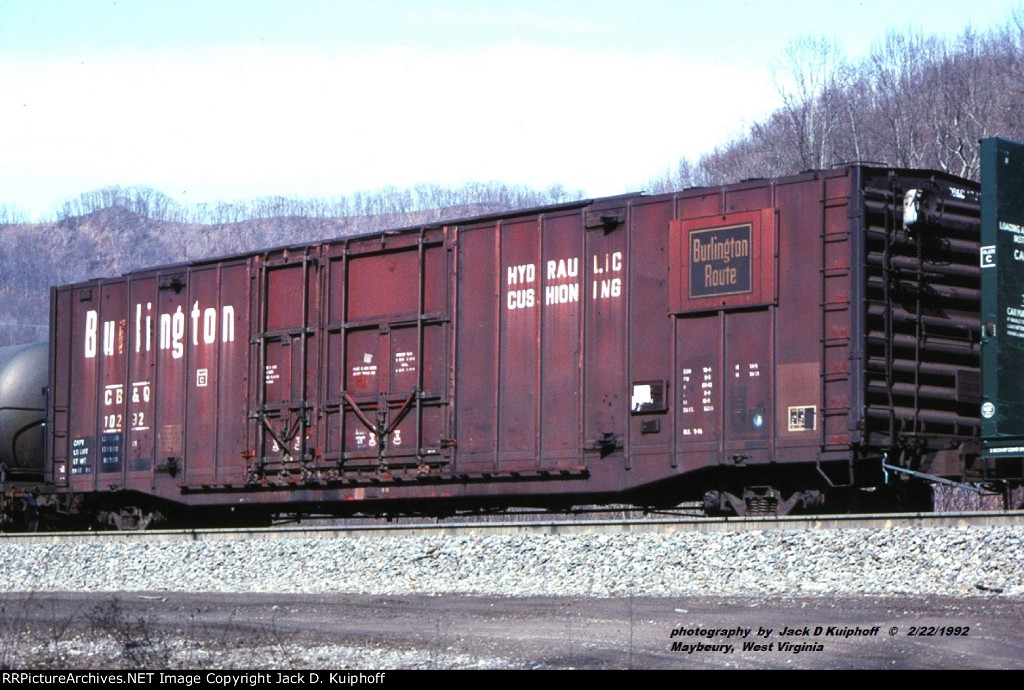 CB&Q 10232, 60 plug door box car, Mayberry, West Virginia. February 22, 1992