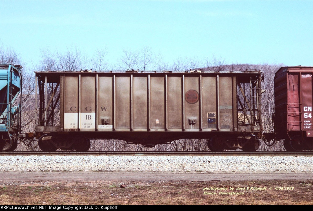 Chicago Great Western, CGW 18, airslide covered hopper, Mance, Pennsylvania. April 6, 1993