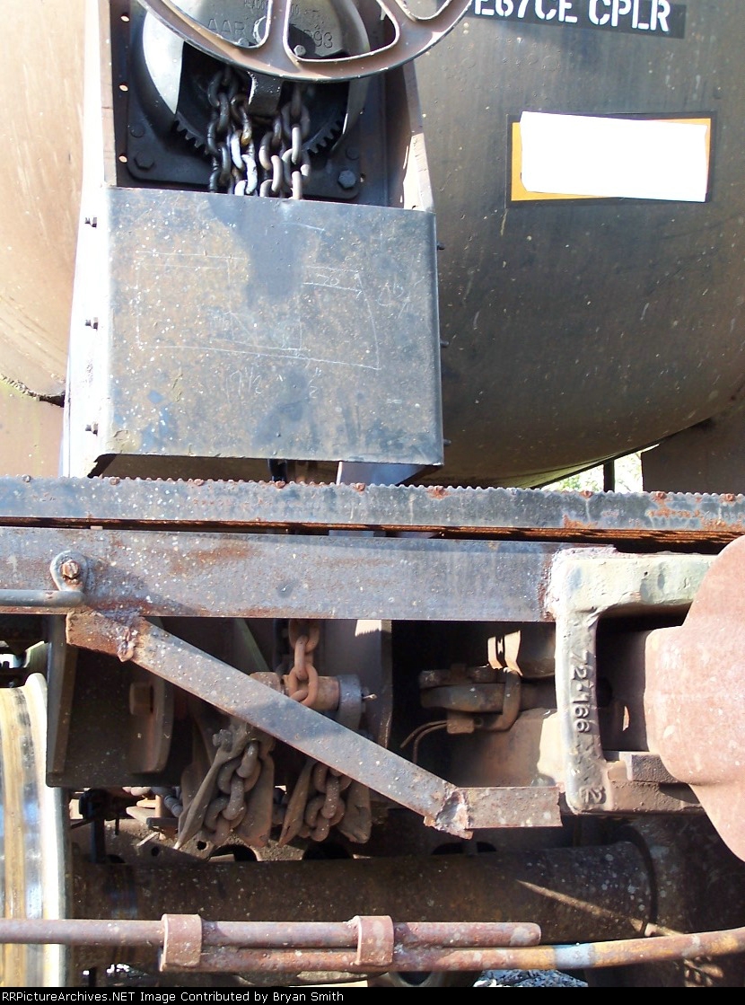 Handbrake area of an 8 axle tank car seen