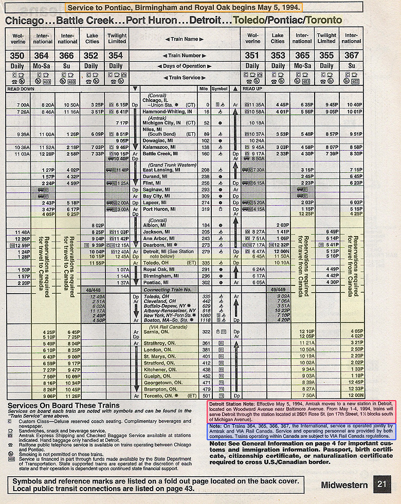 1994 Detroit - Toledo / Toronto Timetable