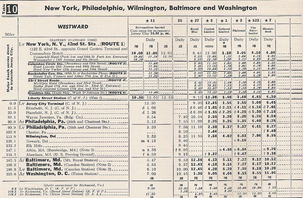 1952 B & O Philadelphia - Washington, D.C. Timetable