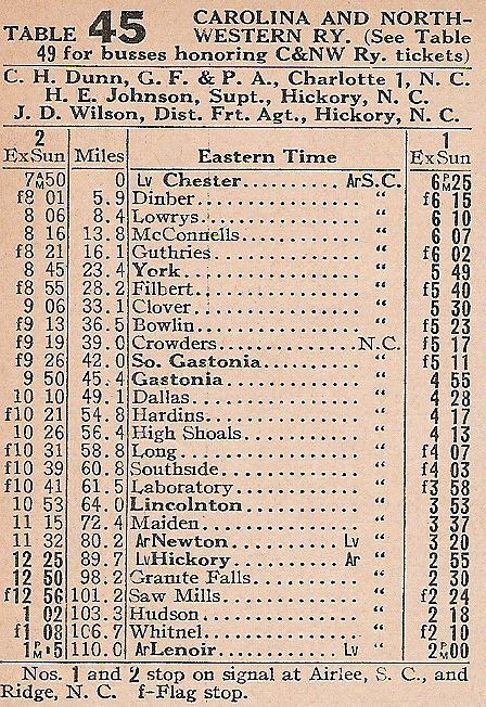 1947 Carolina & Northwestern Timetable