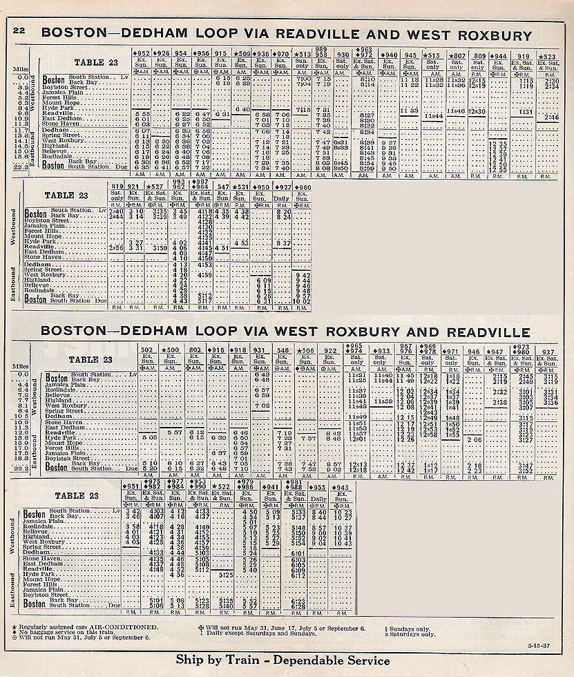 1937 NH Readville / West Roxbury - Dedham Timetable
